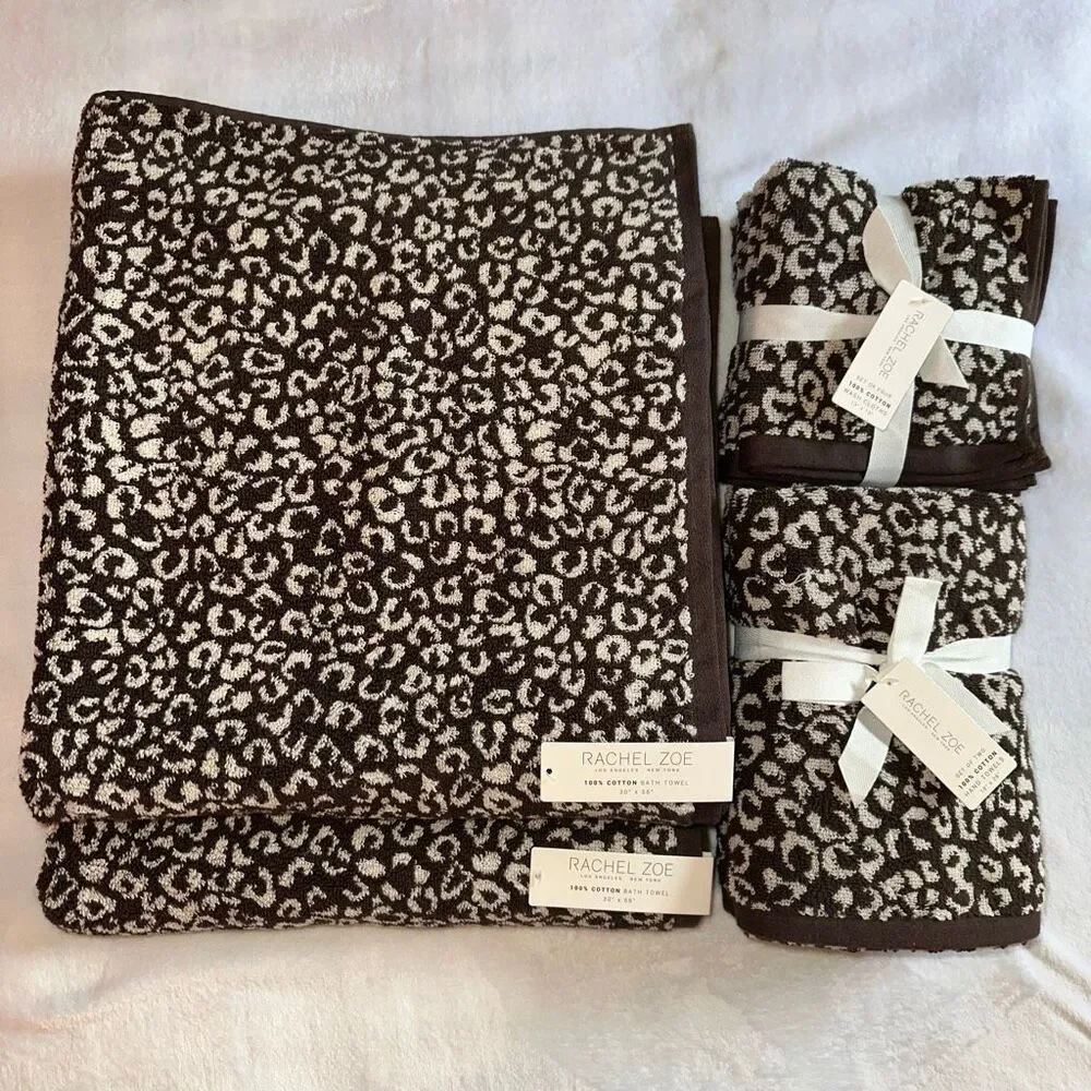 Rachel Zoe Bath Towel Set Dark Brown Tan Cheetah Leopard Pattern Reversible NWT